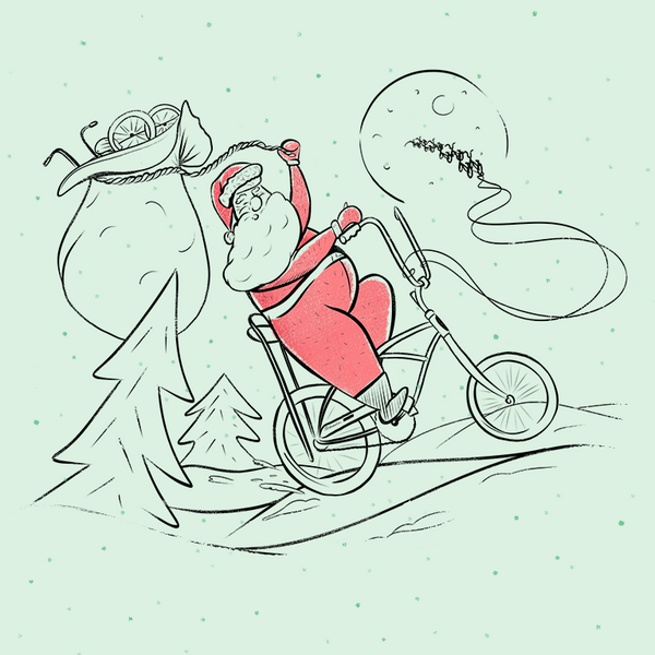 Santa delivering presents on his bicycle sleigh.